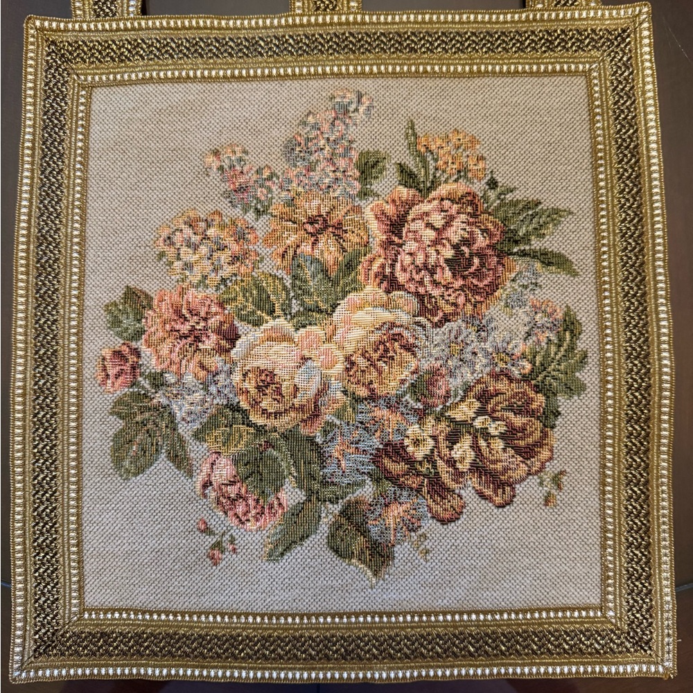 Pair of German Floral Tapestries with Raised Gold and White Border